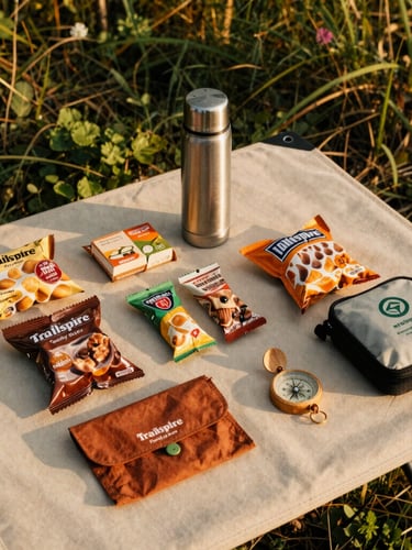 Overhead knolling shot of a beautifully organized Trailspire Family Day Kit on a light beige canvas, showing a clean layout of a modern thermos, organized snacks, a compact first aid pouch, and a wooden compass, warm golden-hour light, premium outdoor aesthetic