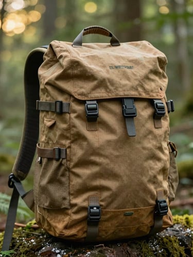 Durable canvas backpack knolled with outdoor gear, soft natural light, forest background, premium quality textures, 35mm photography style