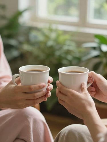 Two people sitting close in a quiet garden, sharing a warm drink, soft focus on hands holding cups, peaceful green foliage background
