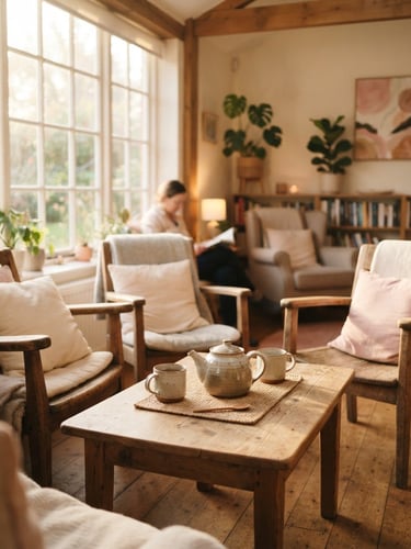 A warm interior room of a community care center, soft golden morning light streaming through a window, comfortable wooden chairs, a teapot and cups on a low table, shallow depth of field