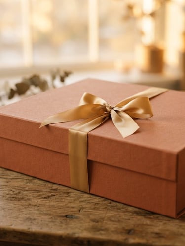 Boutique packaging of BU'GA garments, elegant terracotta box tied with gold ribbon, warm diffused golden-hour window light, shallow depth of field