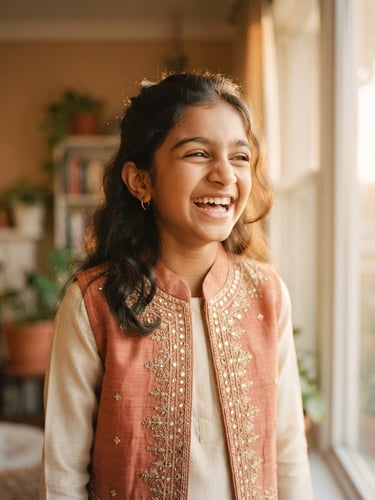 A medium-close portrait of a ten-year-old girl in a soft terracotta Indo-Western vest, laughing naturally under warm diffused golden-hour window light, 35mm photography with shallow depth of field.