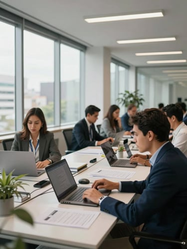 Wide environmental shot of a modern Colombian corporate office interior, natural daylight streaming through floor-to-ceiling windows on the left, a diverse team of professionals seated at workstations mid-task, depth-of-field isolating the foreground desk with a laptop and printed documents, clean and institutional atmosphere