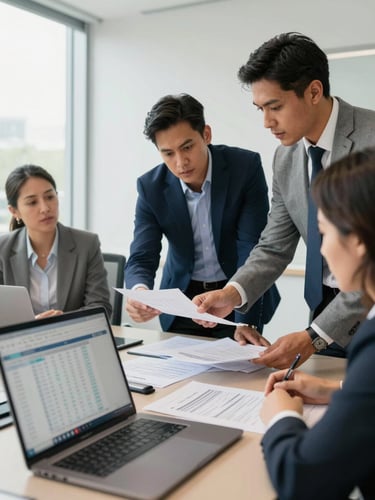 Medium environmental shot of a diverse Colombian HR team in a bright modern conference room, two professionals reviewing printed documents at a table under natural window light, a laptop open in the foreground showing a spreadsheet, institutional and focused atmosphere, no one looking at camera