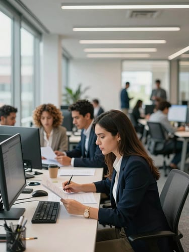 Wide office environment shot from the side, diverse Colombian team members collaborating at modern workstations, natural daylight streaming through large windows, shallow depth of field isolating a woman reviewing documents in the foreground, open-plan corporate office in the background