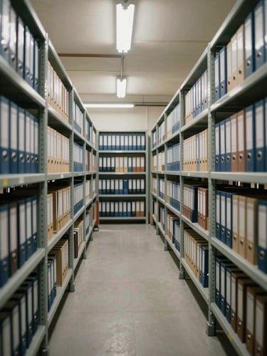 Wide environmental shot of an industrial archive room, rows of labeled binders on metal shelving units receding into depth, overhead fluorescent lighting, no people present, documentary framing from a low center angle showing structural order
