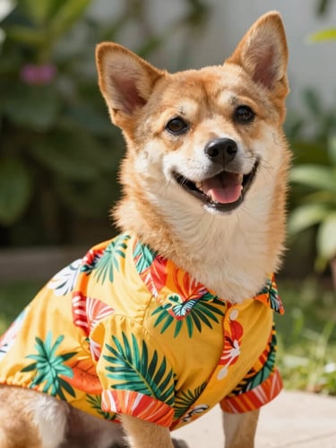 Close-up of a happy small dog wearing a vibrant handmade tropical shirt, sitting comfortably in a sunlit garden, warm natural daylight, eye-level framing