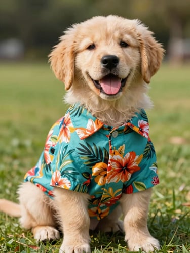 A happy small golden retriever puppy wearing a vibrant tropical floral shirt, sitting in a sunny park, looking directly at the camera, warm natural daylight, bright editorial pet photography