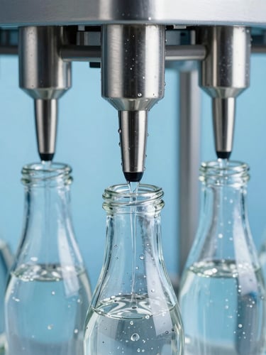 Macro shot of high-tech automated stainless steel bottling nozzles injecting pure water into elegant glass bottles, cool blue studio lighting, crisp water droplets