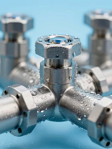 Macro close-up of a high-tech stainless steel filtration pipeline, condensation beads on the metal, cool blue and silver backlit studio lighting, sharp focus on the valves.
