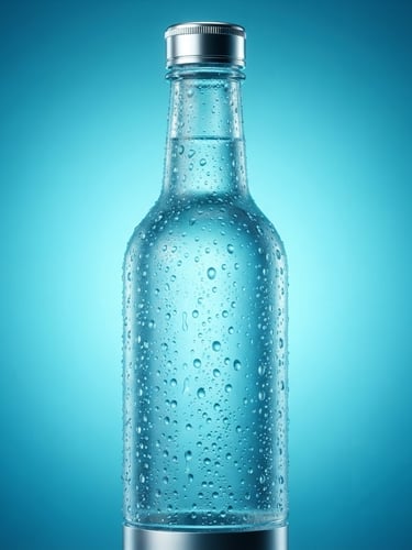 Macro studio photography of a sleek glass bottle with condensation beads, cool aqua backlighting, sharp focus, silver metallic accents, 4:5 portrait crop