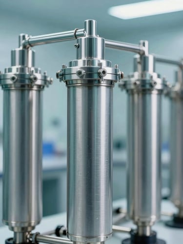 State-of-the-art stainless steel filtration pipelines in a pristine laboratory-grade cleanroom, cool aqua and silver lighting, sharp focus, macro depth of field.