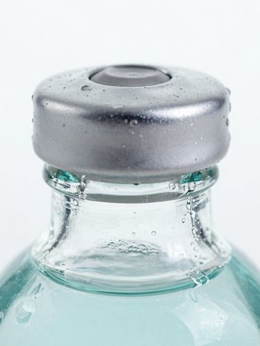 Macro close-up of a hermetic silver cap on a glass bottle neck, delicate water condensation, cool high-key lighting, technical precision.