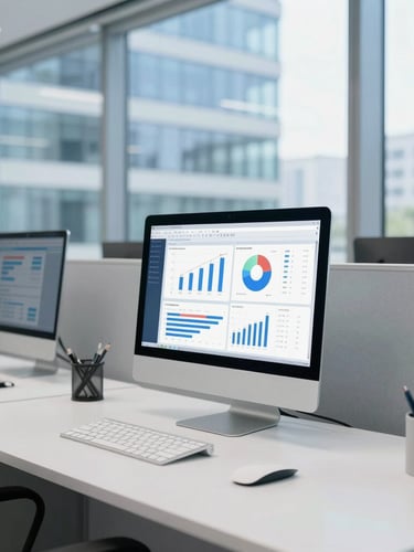 Bright, clean corporate workspace with organized desk, modern monitor displaying data charts, architectural background, cool blue and white tones, natural daylight.