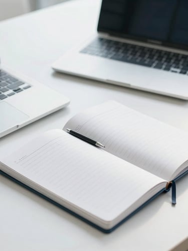 An organized, clean modern workspace with a laptop, structured notebook, and architectural lines, bright natural daylight, professional cool tones.