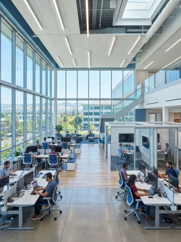 Wide-angle architectural view of a bright, modern corporate office interior in California, clean glass partitions, structured desks, cool blue and white tones, bright natural daylight.