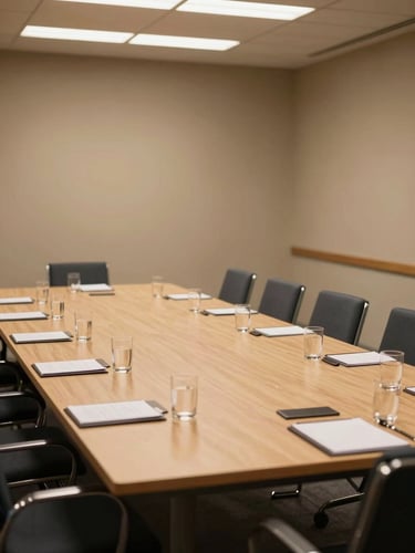 Wide environmental shot of an empty conference room before a meeting — chairs aligned at a long table, notepads and water glasses arranged with precision, warm tungsten overhead light, camera placed low with generous negative space in the upper left of the frame