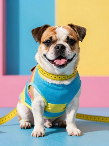 Primer plano de una cinta métrica rodeando suavemente a un perrito feliz con un suéter colorido, fondo de color bloqueado vibrante, iluminación natural brillante.