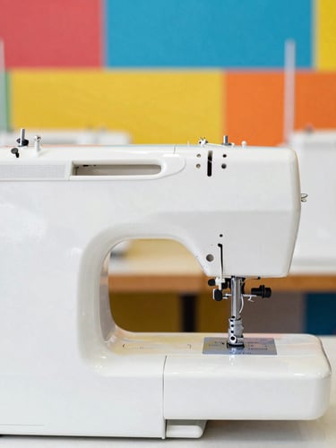 Bright cheerful pet photography, natural daylight, warm view of sewing machines and colorful fabrics in our Celaya workshop, shallow depth of field, 35mm