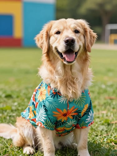 A happy golden retriever wearing a colorful tropical shirt sitting in a bright, sunlit park, eye-level shot, sharp focus, shallow depth of field, 35mm