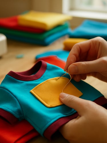 Close-up of hands carefully stitching a colorful pet shirt in a bright workshop, soft natural light, vibrant fabrics in the background, sharp focus