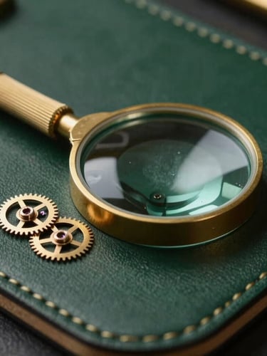 Macro shot of watchmaking tools, a brass loupe, and delicate gears on a dark forest green leather mat, side lighting, gold accents