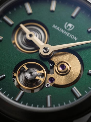 Macro shot of a luxury watch dial showing gold mechanical movements, dark green background, moody lighting, 85mm lens