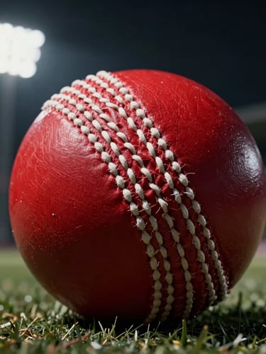 Macro shot of a red leather cricket ball showing high-contrast detail of the white hand-stitched seam, dramatic stadium floodlight casting sharp shadows, dark desaturated background.