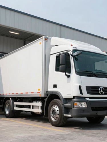 Low-angle heroic shot of a clean white refrigerated logistics truck parked at a modern concrete loading dock, sharp industrial LED lighting reflecting on metallic surfaces, crisp daylight, professional composition.
