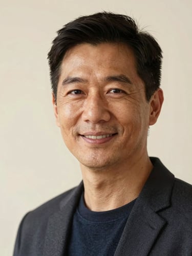 Warm and authentic portrait of a professional looking approachable and gently smiling, soft natural daylight with warm undertones, minimal cream background