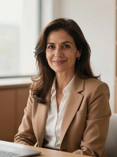 Warm, authentic portrait of a female Italian legal professional in her late 40s, smiling gently, natural soft daylight, seated in a bright, modern office with terracotta and cream accents, looking directly at the camera with an empathetic expression.
