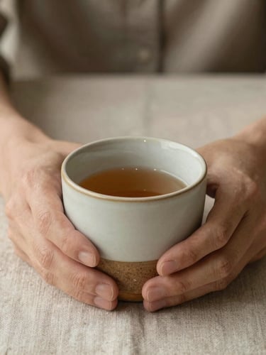 Close-up of a person's hands holding a warm ceramic cup on a natural linen tablecloth, soft morning daylight, shallow depth of field