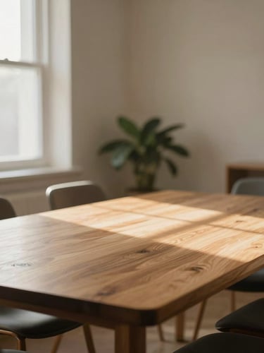 A sunlit, welcoming meeting room with a wooden table, soft natural daylight with warm undertones, inviting and calm atmosphere