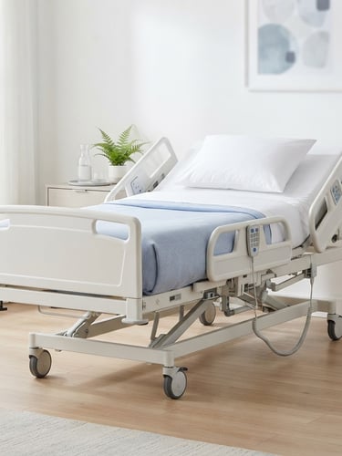 High-resolution, clean product photography of a premium electric hospital bed in a modern home setting, bright high-key studio light, sterile white and soft blue tones, sharp focus, 35mm