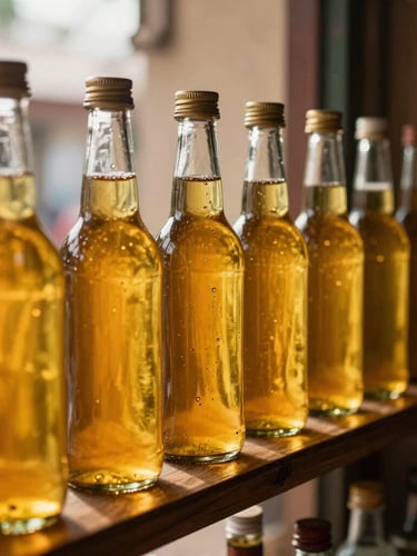 A row of clean, amber glass bottles filled with glowing golden oil sitting on a rustic wooden shelf in a warm Mysuru storefront, soft natural light, 35mm