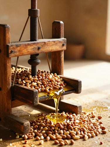 warm editorial photography, natural side-lit sunlight, rich golden and amber tones, shallow depth of field, 35mm, medium shot of a traditional wooden chekku press in operation, with raw groundnuts being fed, and oil slowly flowing into a collection vessel, rustic workshop setting, blurred background, generous negative space on the right.