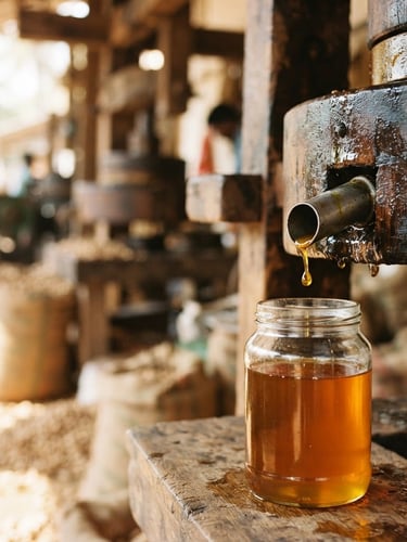 warm editorial photography, natural side-lit sunlight, rich golden and amber tones, shallow depth of field, 35mm, close-up of golden wood-pressed groundnut oil slowly dripping from a traditional wooden chekku press into a clean glass jar, rustic wooden surfaces, blurred background, generous negative space on the left.
