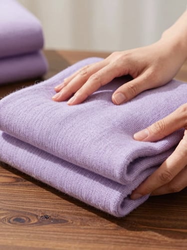 Close-up editorial photography of hands neatly folding a soft lavender wool sweater on a dark wooden table, warm sunlight, clean organized background.