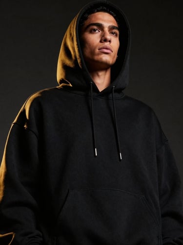 Low-angle cinematic portrait of a model in a heavy black oversized hoodie, dark low-key chiaroscuro lighting, deep shadows, gold rim light highlighting the premium fabric texture.