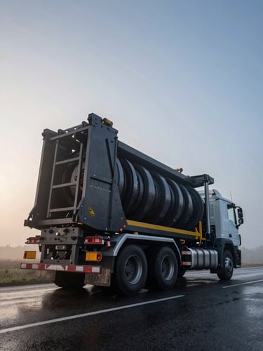 Low-angle wide shot of a massive heavy recovery rotator truck parked on wet highway tarmac at dawn, high-contrast cold mist, steel rigging visible