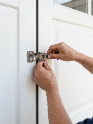 Close-up of a technician's hands installing heavy-duty steel hinges on a clean garage door panel, crisp documentary style, sharp focus