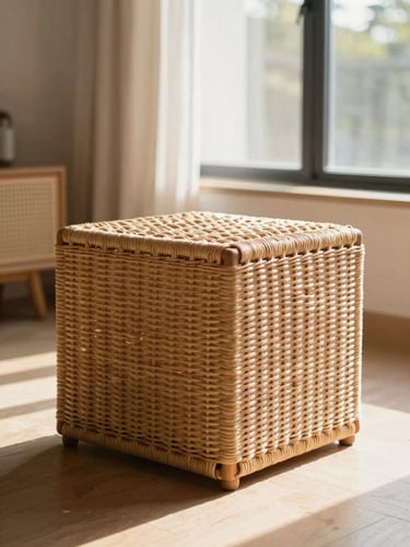 Low-angle warm editorial photograph of a rattan cube storage ottoman in a sunlit modern living room, soft window daylight, earth tones.