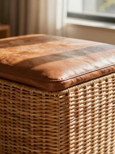 Close-up of a premium woven rattan storage ottoman with a full-grain leather top, set in a warm sunlit living room with high-contrast shadows.
