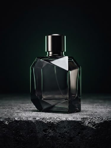 Primer plano de botella de perfume BAJA DROP sobre superficie de concreto oscuro, luz estroboscópica nítida, sombras profundas, retroiluminación verde neón sutil, estética futurista oscura, 35mm.