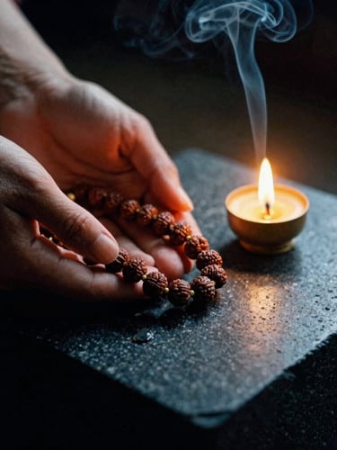 Macro close-up of hands gently holding ancient rudraksha beads over a cool, dark basalt stone altar, a single oil lamp casting a warm golden glow from the side, rising incense smoke in a shaft of light, 35mm film.