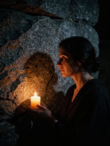 Serene, shadowed portrait of a female spiritual guide in her 40s, low-key dramatic chiaroscuro lighting, warm amber candlelight illuminating her profile against cool basalt stone grey shadows, 35mm film.