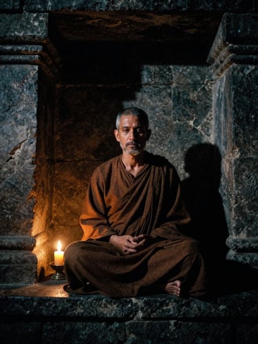 A serene, shadowed portrait of a spiritual guide in a stone temple chamber, warm candlelight casting deep chiaroscuro shadows, 35mm film