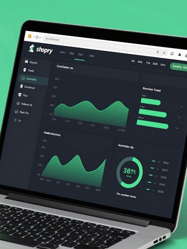Close-up of a sleek modern laptop screen displaying a dark mode Shopify e-commerce dashboard with green analytics charts, cool studio lighting with emerald green accents, sharp focus, 35mm
