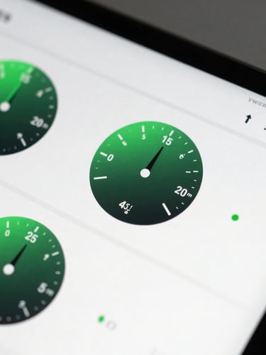 Close-up macro of a high-performance UI design screen showing speed metrics, clean studio lighting with emerald green glow, sharp focus, 35mm