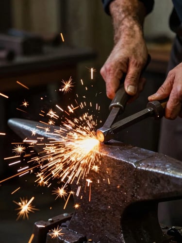 Close-up of a blacksmith's hands grinding a steel joint in a dark workshop, bright amber sparks flying across the frame, dramatic high-contrast lighting, 35mm